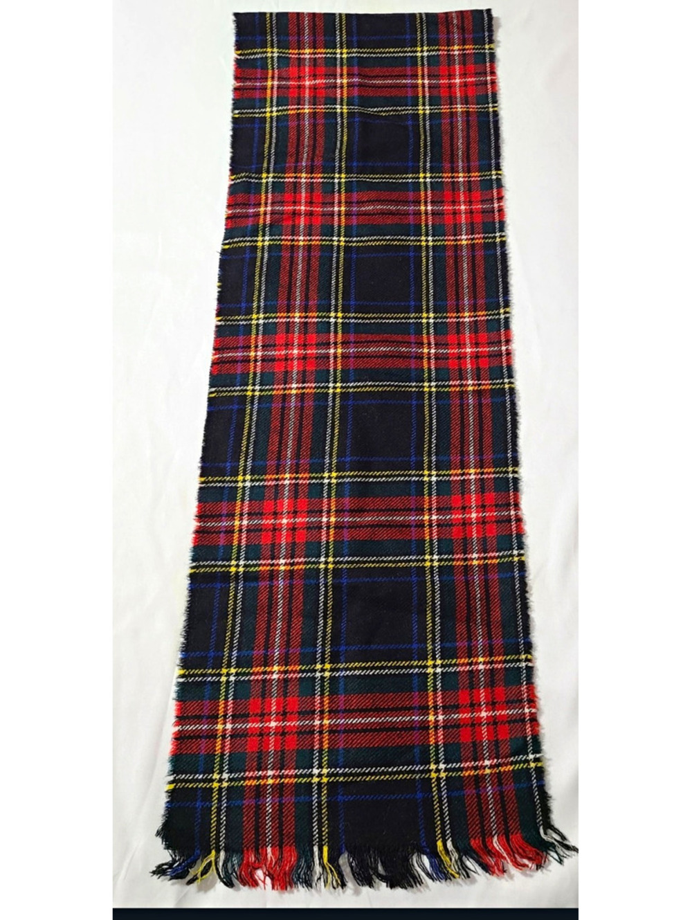 Vintage UK Pure Virgin Wool Scarf Black Stewart Tartan Plaid Fringe 59x10 🇬🇧